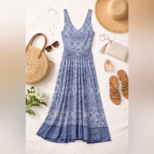 Artisan NY Blue & White Boho Maxi Dress Sleeveless V-neck Size M